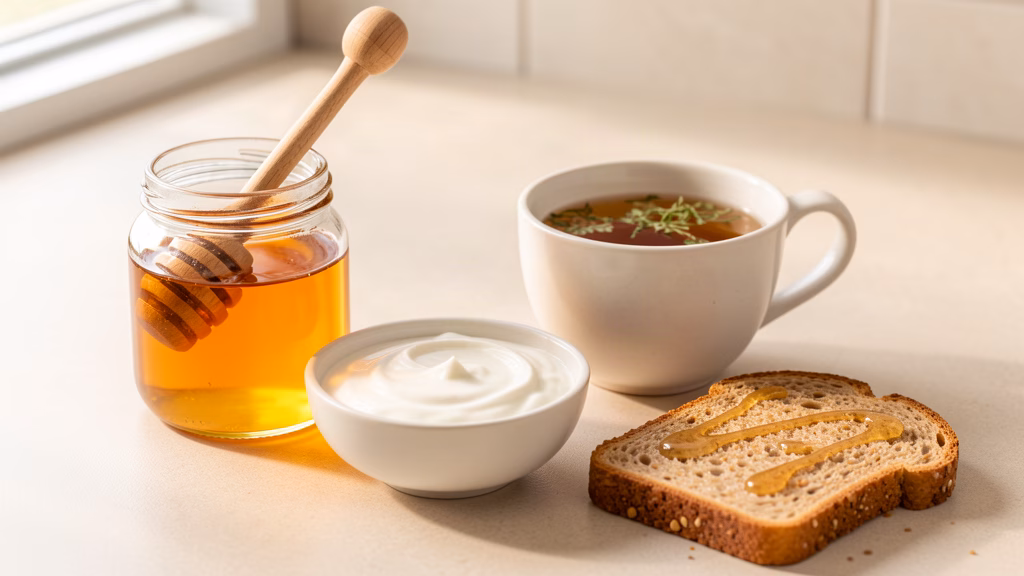 عسل طبيعي بجانب الشاي والزبادي والخبز